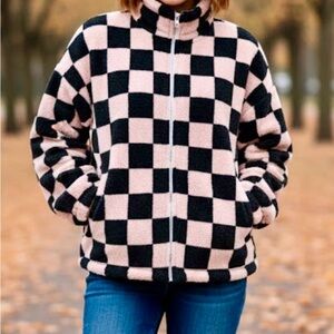 A New Day Black and Pink Checkered Fleece Jacket-Coat